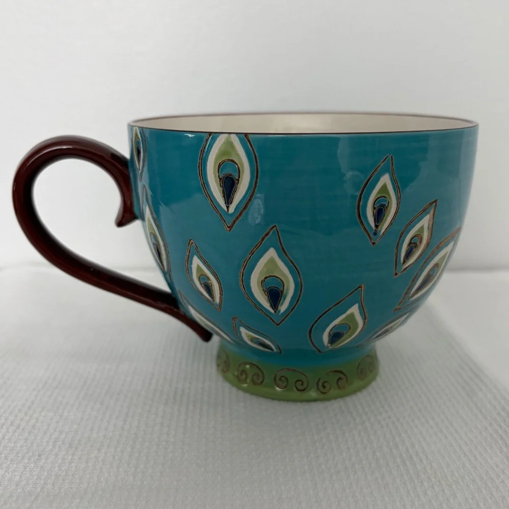 PIER 1 Dolomite Peacock Feather Hand Painted Mug Cup